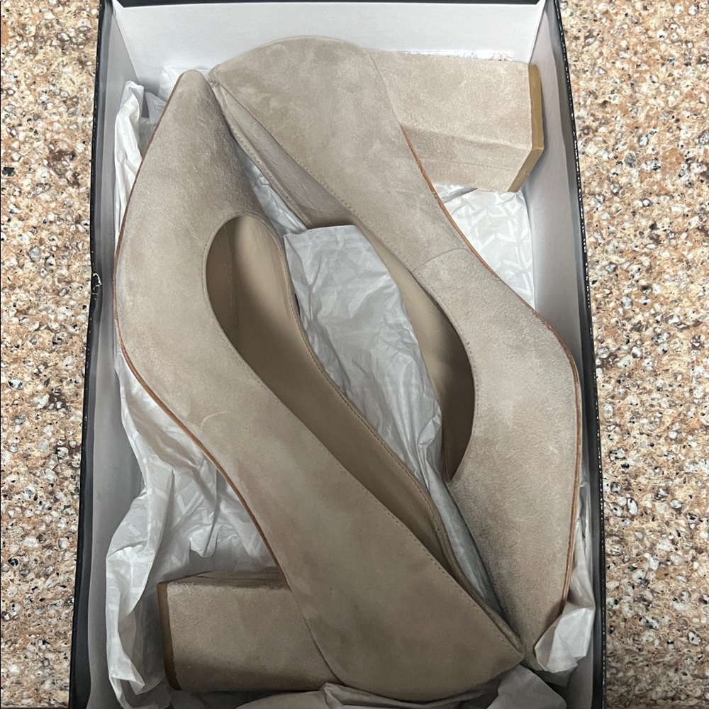 Marc Fisher Taupe Suede Block Heel Pumps